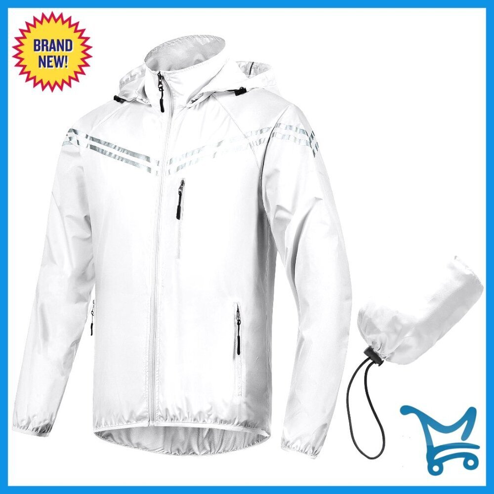 Men's Waterproof Windbreaker Jacket with Removable Hood Reflective Packable